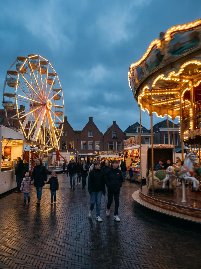Reuzenrad en draaimolen op een Nederlands dorpsplein in het blauwe uur.