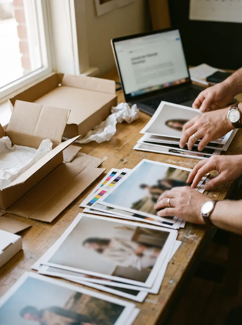 Handen die campagnefoto's sorteren op een werktafel naast verzenddozen en een laptop.