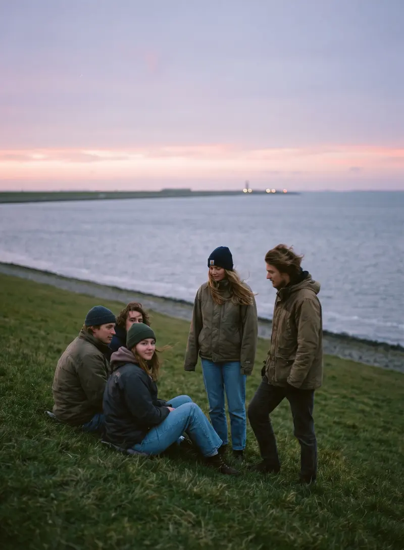 Een groep jongeren op een Zeeuwse dijk in de schemering, met het water erachter.
